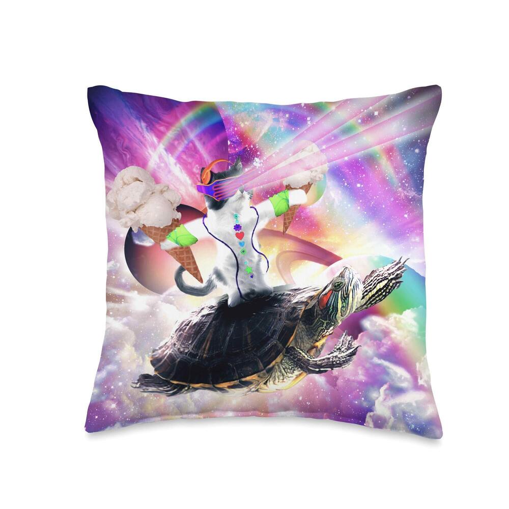 3568 Lazer Rave Space Cat Riding Turtle Eating Ice Cream Throw Pillow
